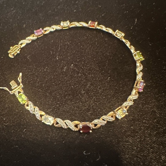 Gold Vermeil Multi Gemstone Chain Bracelet 8" Garnet Amethyst Topaz - Picture 6 of 7